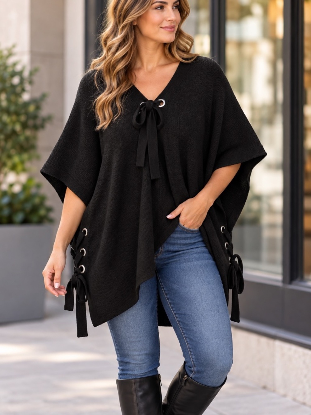 Michael Kors Poncho Sweater Womens One Size Black Quiet Luxury Chic Minimal